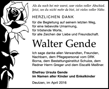 Traueranzeige von Walter Gende von Leipziger Volkszeitung