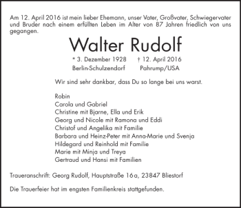 Traueranzeige von Walter Rudolf von Lübecker Nachrichten