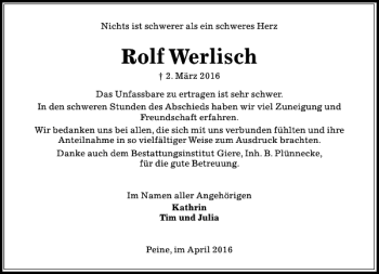Traueranzeige von Werlisch Trd Rolf von Peiner Allgemeine Zeitung