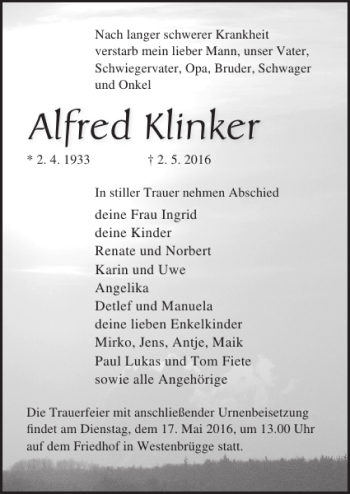 Traueranzeige von Alfred Klinker von Ostsee-Zeitung