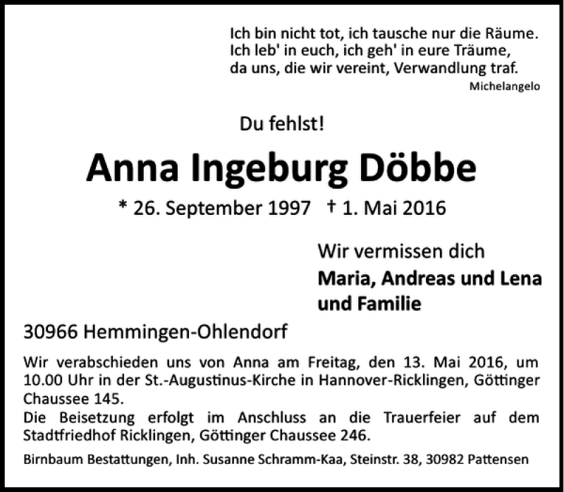  Traueranzeige für Anna  Döbbe vom 07.05.2016 aus HAZ/NP