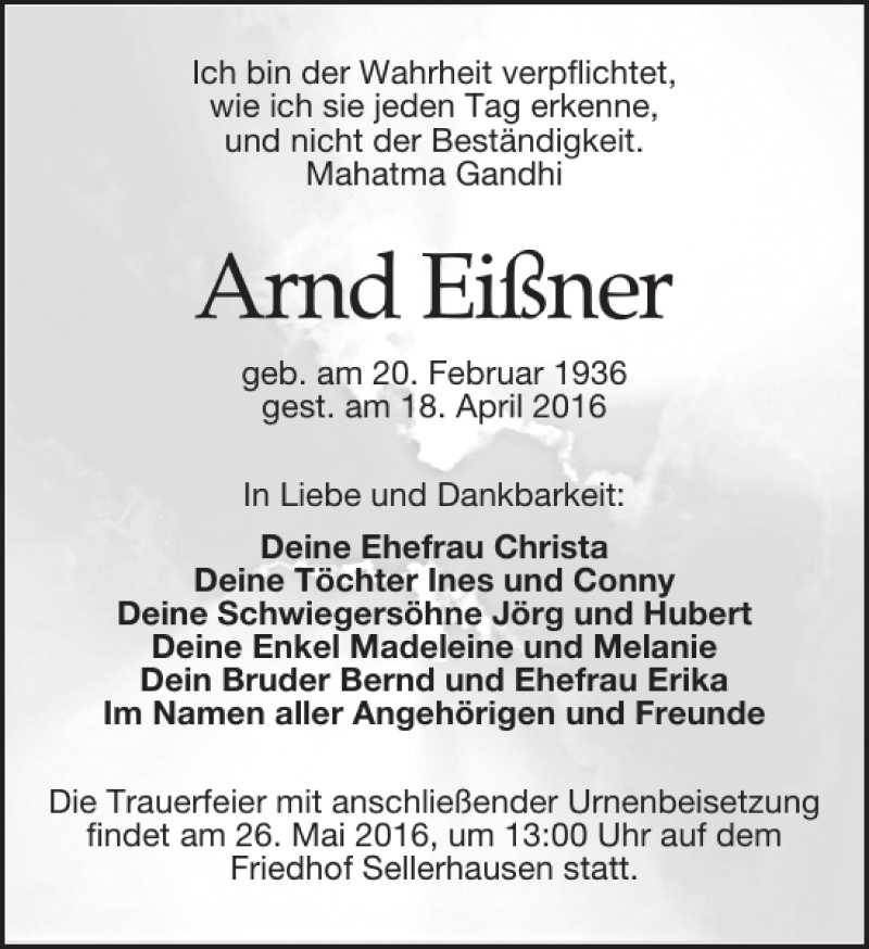  Traueranzeige für Arnd Eißner vom 07.05.2016 aus Leipziger Volkszeitung