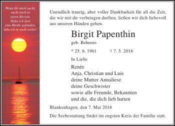 Traueranzeige von Birgit Papenthin von Ostsee-Zeitung