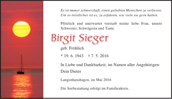 Traueranzeige von Birgit Sieger von Ostsee-Zeitung