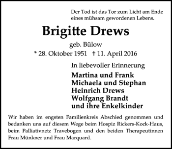 Traueranzeige von Brigi e Drews von Lübecker Nachrichten