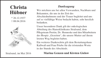 Traueranzeige von Christa Hübner von Ostsee-Zeitung