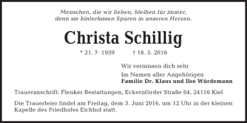 Traueranzeige von Christa Schillig von Kieler Nachrichten / Segeberger Zeitung