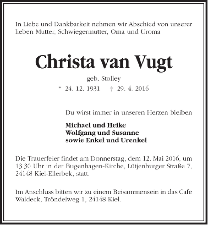  Traueranzeige für Christa van Vugt vom 07.05.2016 aus Kieler Nachrichten / Segeberger Zeitung