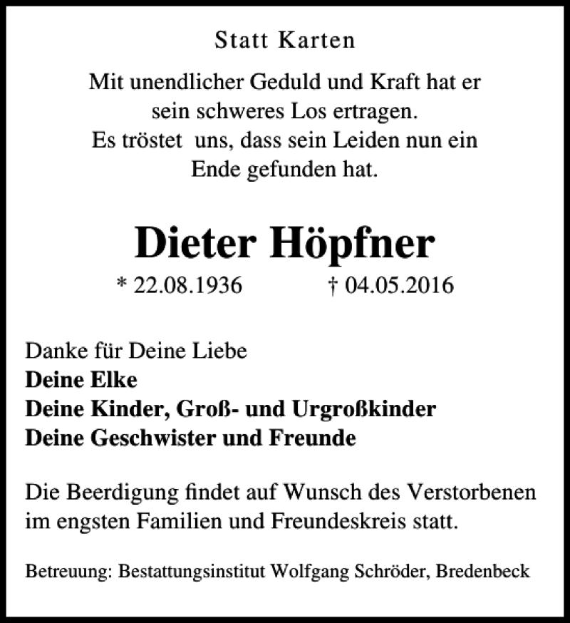  Traueranzeige für Dieter Höpfner vom 07.05.2016 aus HAZ/NP