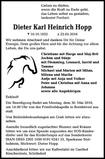 Traueranzeige von Dieter Karl Heinrich Hopp von Kieler Nachrichten / Segeberger Zeitung