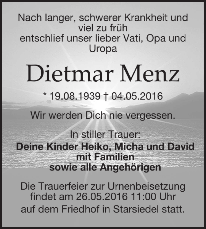  Traueranzeige für Dietmar Menz vom 18.05.2016 aus Leipziger Volkszeitung