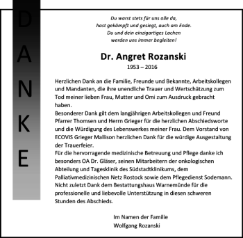 Traueranzeige von Dr. Angret Rozanski von Ostsee-Zeitung
