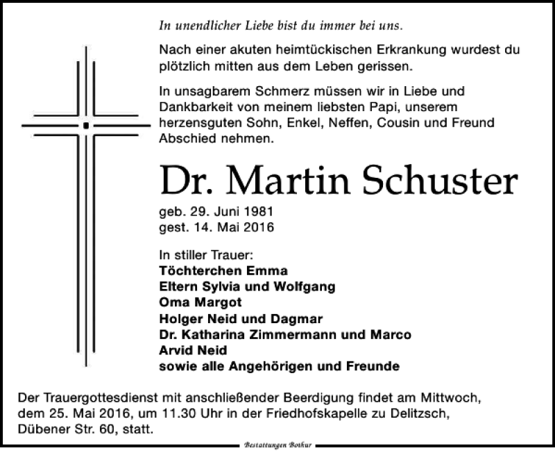  Traueranzeige für Dr. Martin Schuster vom 21.05.2016 aus Leipziger Volkszeitung