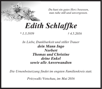 Traueranzeige von Edith Schlaffke von MAZ-Trauer.de
