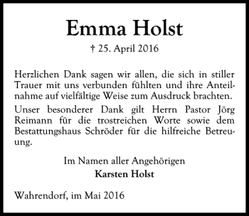 Traueranzeige von Emma Holst von Lübecker Nachrichten