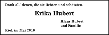 Traueranzeige von Erika Hubert von Kieler Nachrichten / Segeberger Zeitung