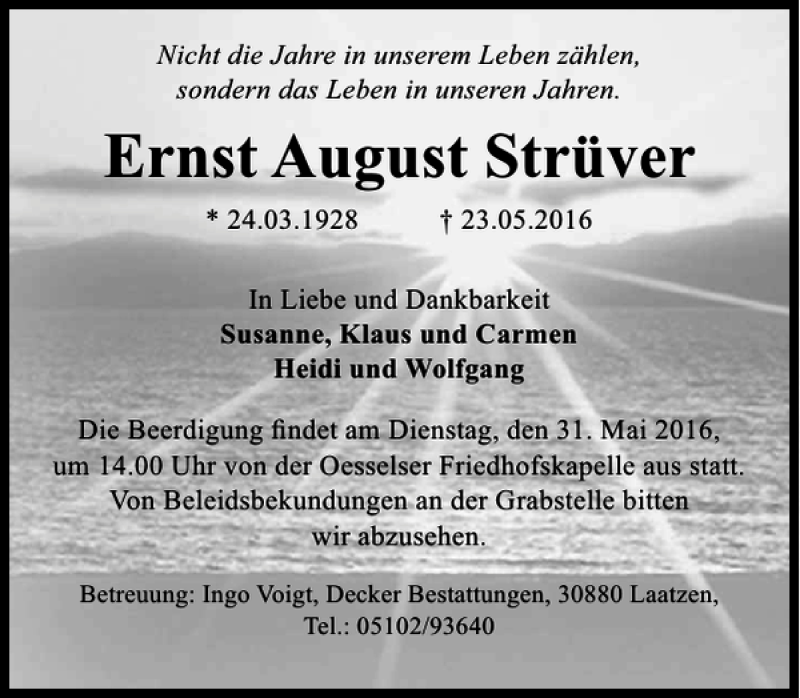 Traueranzeigen von Ernst August Strüver | trauer-anzeigen.de