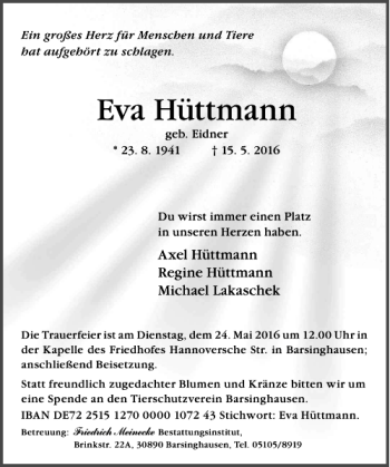 Traueranzeige von Eva Hüttmann von HAZ/NP