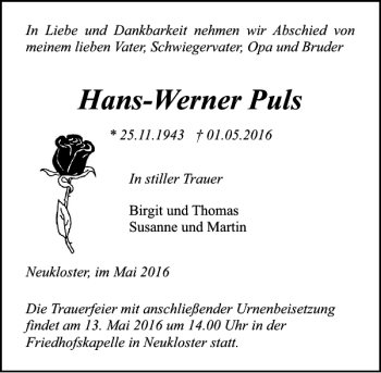 Traueranzeige von Hans-Werner Puls von Ostsee-Zeitung