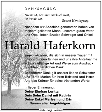Traueranzeige von Harald Haferkorn von Leipziger Volkszeitung