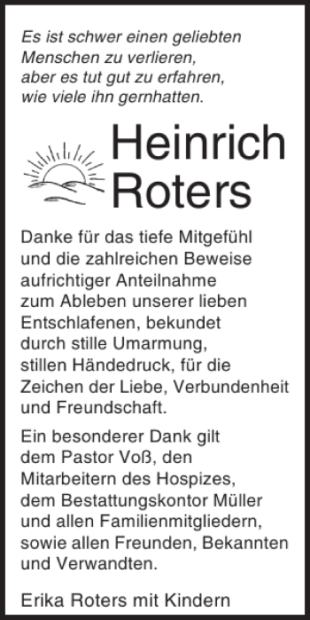 Traueranzeige von Heinrich Roters von Ostsee-Zeitung