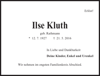 Traueranzeige von Ilse Kluth von Kieler Nachrichten / Segeberger Zeitung