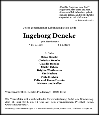 Traueranzeige von Ingeborg Deneke geb. Werthmann von Peiner Allgemeine Zeitung