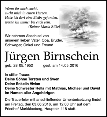 Traueranzeige von Jürgen Birnschein von Leipziger Volkszeitung