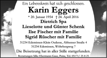 Traueranzeige von Karin Egger von Peiner Allgemeine Zeitung