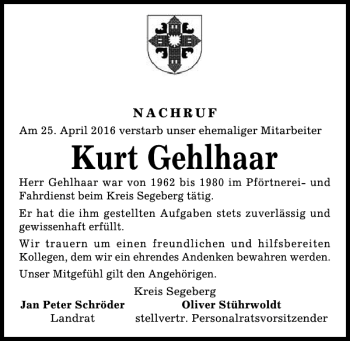Traueranzeige von Kurt Gehlhaar von Kieler Nachrichten / Segeberger Zeitung