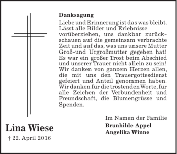 Traueranzeige von Lina Wiese von HAZ/NP