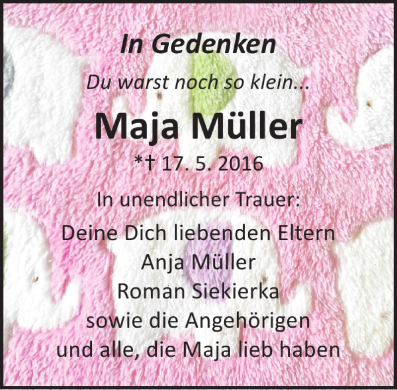  Traueranzeige für Maja Müller vom 28.05.2016 aus Ostsee-Zeitung