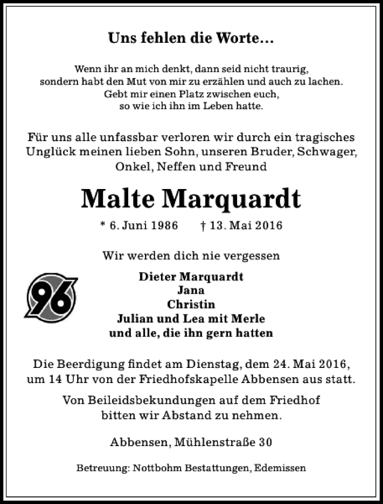  Traueranzeige für Malte Marquardt vom 20.05.2016 aus Peiner Allgemeine Zeitung