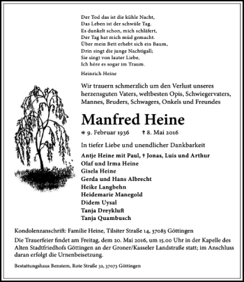 Traueranzeige von Manfred Heine von Göttinger Tageblatt