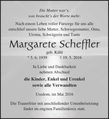 Traueranzeige von Margarete Scheffler von Ostsee-Zeitung