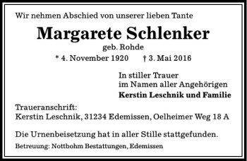 Traueranzeigen Von Margarete Schlenker | Trauer-anzeigen.de