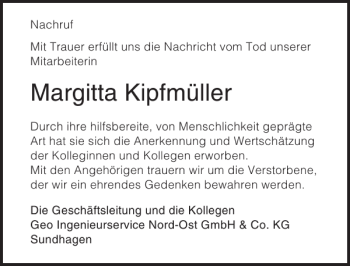 Traueranzeige von Margitta Kipfmüller von Ostsee-Zeitung