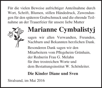 Traueranzeige von Marianne Cymbalistyj von Ostsee-Zeitung