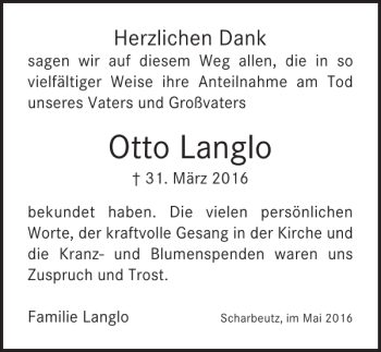 Traueranzeige von Otto Langlo von Lübecker Nachrichten