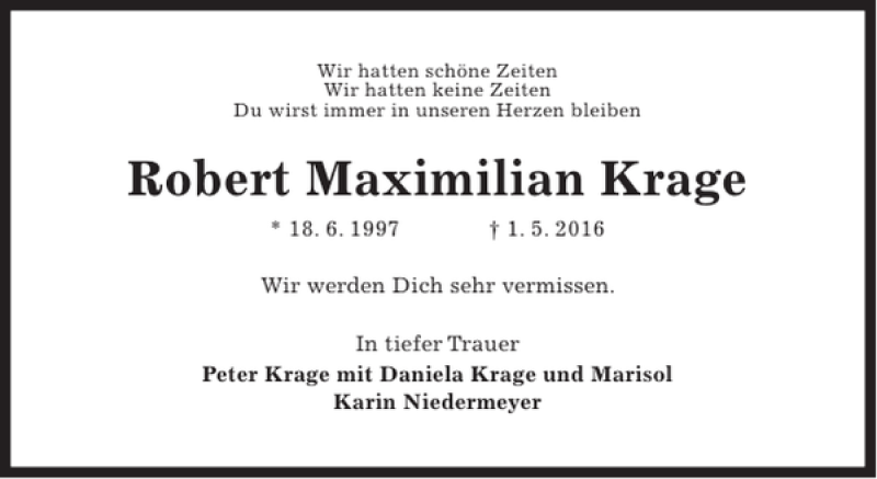  Traueranzeige für Robert Maximilian Krage vom 07.05.2016 aus HAZ/NP
