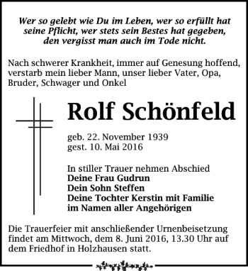 Traueranzeige von Rolf Schönfeld von Leipziger Volkszeitung