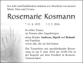 Traueranzeige von Rosemarie Kosmann von Ostsee-Zeitung