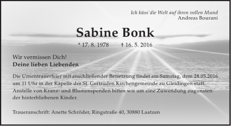  Traueranzeige für Sabine Bonk vom 25.05.2016 aus HAZ/NP