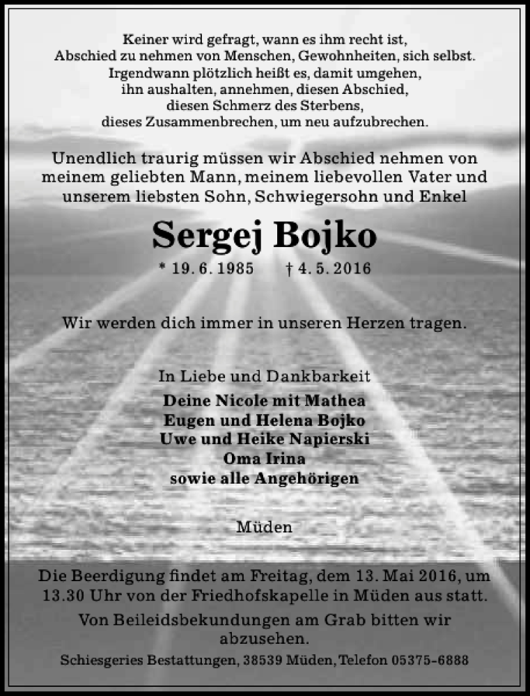  Traueranzeige für Sergej Bojko vom 11.05.2016 aus Aller Zeitung / Wolfsburger Allgemeine