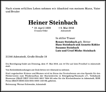 Traueranzeige von Steinbach  von Peiner Allgemeine Zeitung