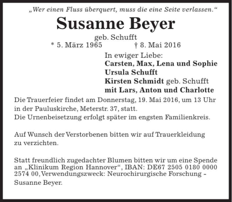  Traueranzeige für Susanne beyer vom 14.05.2016 aus HAZ/NP