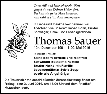 Traueranzeige von Thomas Sauer von Leipziger Volkszeitung