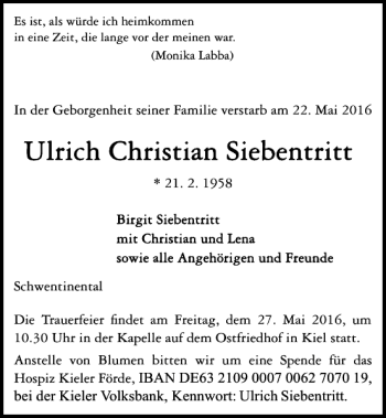 Traueranzeige von Ulrich Christian Siebentritt von Kieler Nachrichten / Segeberger Zeitung
