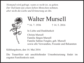 Traueranzeige von Walter Mursell von Ostsee-Zeitung