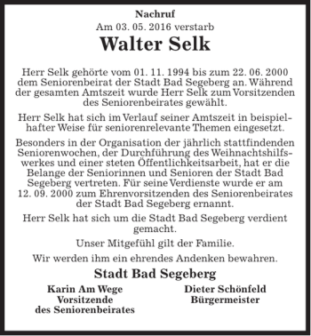 Traueranzeige von Walter Selk von Kieler Nachrichten / Segeberger Zeitung